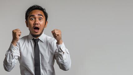 Malay businessman in white shirt raised fist with surprise face - obrazy, fototapety, plakaty