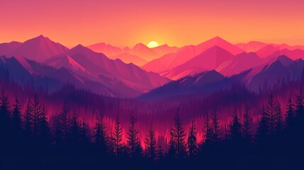 Fototapeta na wymiar Illustration of a lovely sunset scene with a panorama of mountains and trees in shadow erecting a lovely vivid image and space, Generative AI.
