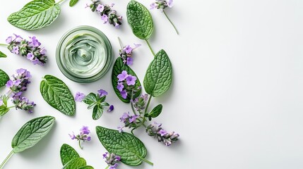 In a studio clean backdrop comfrey herb Symphytum officinal with a essential cream jar with space for text or product, Generative AI. - obrazy, fototapety, plakaty