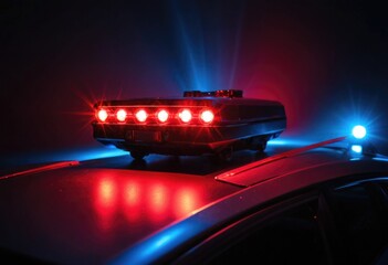 A police vehicle with a strobe light emits a flashing roll of red-colored lighting atop the car