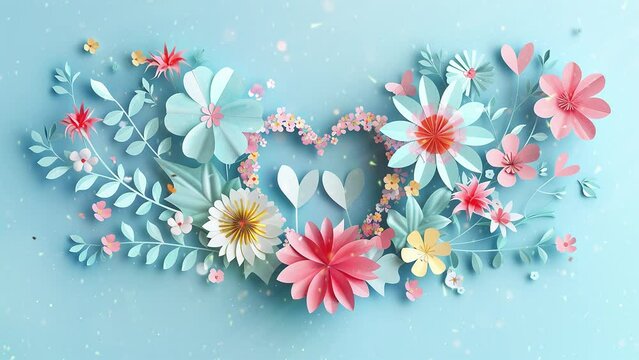 blue background with bright origami spring sale flowers banner in paper cut style. seamless looping overlay 4k virtual video animation background