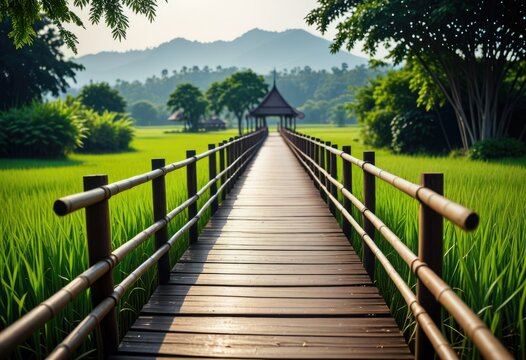 A public transportation hub near a bamboo bridge overlooking lush rice fields in Lampang, called Goodness Bridge at Phra That San Dorn Temple