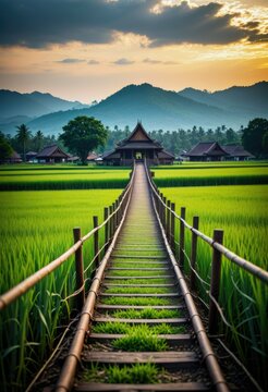 A public transportation hub near a bamboo bridge overlooking lush rice fields in Lampang, called Goodness Bridge at Phra That San Dorn Temple