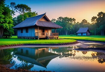 Fototapeta na wymiar A rustic cottage surrounded by water and mud ponds, set in the tranquil scenery of an Asian rural countryside