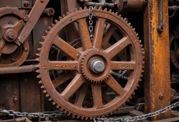A rusty gear and chain accompany an old, heavy engine adorned with stains of rust