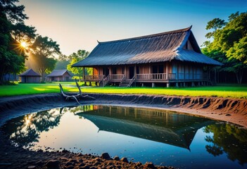 A rustic cottage surrounded by water and mud ponds, set in the tranquil scenery of an Asian rural countryside - obrazy, fototapety, plakaty