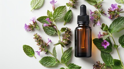 In a studio clean backdrop comfrey herb Symphytum officinal with a essential oil bottle with a big space for text or product, Generative AI. - obrazy, fototapety, plakaty