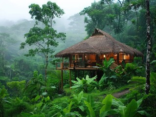 A small house with a thatched roof sits in a lush jungle