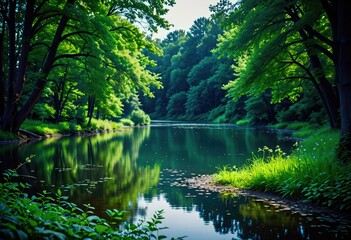 A vibrant summer park landscape featuring a serene lake and lush green foliage, perfect for relaxation and leisure