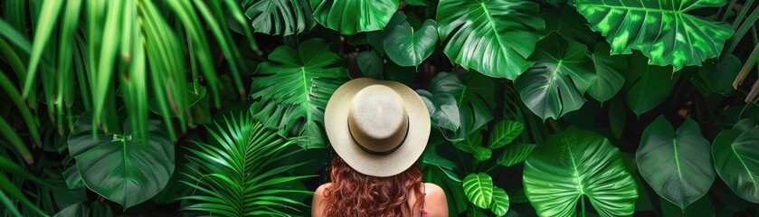 A person is holding a hat in a lush green jungle - obrazy, fototapety, plakaty