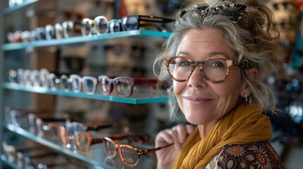 In front of an array of distinctive eyeglass frames found in an optometry shop, a joyful lady tries over spectacles lovely interior and space, Generative AI. - obrazy, fototapety, plakaty