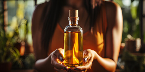 Mockup of glass bottle with dropper lid in female hands. Amber-colored container with cosmetic product, serum on gold background in rays of sunlight