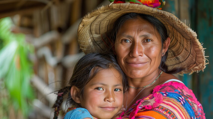 Amazonian villager mom and her young daughter. - obrazy, fototapety, plakaty