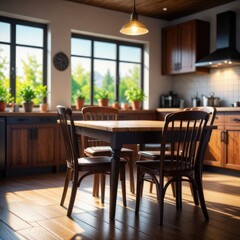 A wooden kitchen table with chairs, set against a blurred background, awaits occupants