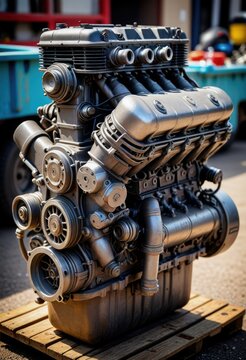 An aged, soiled car engine, available for sale as second-hand parts or for recycling purposes