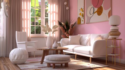 Elegant Living Room Interior with Pink and Brown Color Scheme, White Sofa Set, Coffee Table, Decorative Paintings on the Wall, Wooden Floor, Sunlight Shining Through Windows