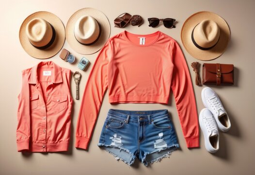 An array of women's clothing paired with travel essentials set against a light background