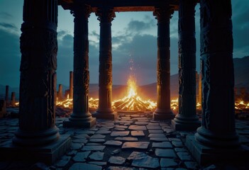 An eternal flame flickers in a dark fantasy landscape, framed by ancient columns, evoking an aura of mystique - obrazy, fototapety, plakaty