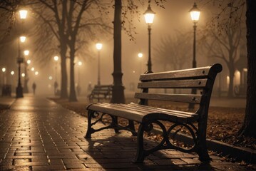 Fototapeta na wymiar An enigmatic empty bench sits under street lamps, veiled by mist on a foggy night