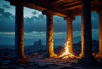 Foto op Plexiglas An eternal flame flickers in a dark fantasy landscape, framed by ancient columns, evoking an aura of mystique © SR Creative Idea