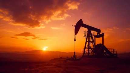 Draagtas Oil pump silhouette at sunset in vast landscape - An oil pumpjack stands against a vibrant sunset, representing energy production and consumption in a serene landscape © Mickey