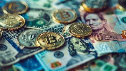 Assorted cryptocurrency coins on banknotes - Close-up of various cryptocurrency coins on a collection of international banknotes showcasing global economic trends in digital currency - obrazy, fototapety, plakaty