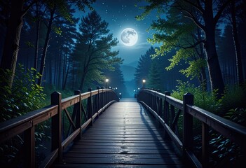 At night, under the full moon's glow, a bridge spans through the forest, casting enchanting shadows