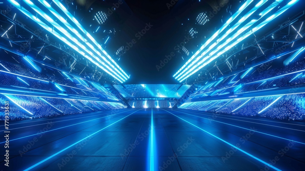 Wall mural Vibrant neon tunnel in futuristic style - A dynamic and visually striking image of a neon-lit tunnel with symmetrical design, creating a sense of movement and energy