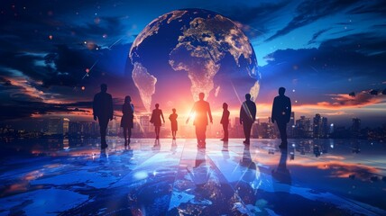 Silhouette of people against globe and cityscape - A striking composite image with silhouettes of people standing in front of a luminous globe with a cityscape and sunset - obrazy, fototapety, plakaty