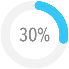 Blue circle percentage diagrams 30%, simple indicator infographic flat design vector illustration loading data interface elements app button ui ux web isolated on white background