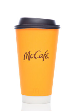 IRVINE, CALIFORNIA - 30 MAR 2024: A disposable coffee cup from McDonalds McCafe.