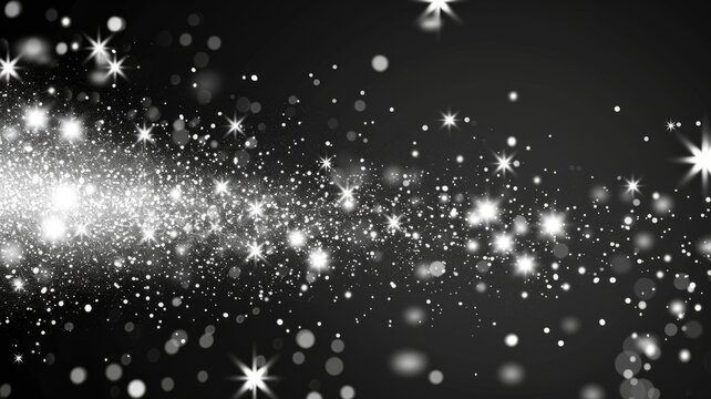 Sparkling stars scattered across a dark sky - A monochromatic image featuring a multitude of sparkling stars, bokeh, and lens flare effects scattered across a dark background