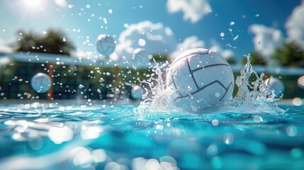 3D modeled scene of a water volleyball game, capturing the dynamic movements and splashes of water,...