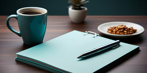 Tablet pc with blank screen and coffee cup on wooden table.