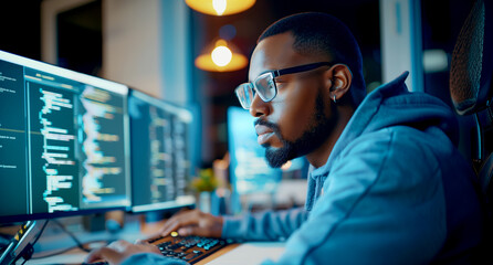 Modern Office: Portrait of Motivated Black IT Programmer Working on Laptop Computer. Male Specialist Create Website, Software Engineer Develop App, Program, Video Game. Stress Free Inclusive Space