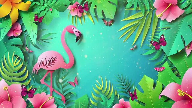 summer sale banner with paper cut flamingo and tropical leaves. seamless looping overlay 4k virtual video animation background