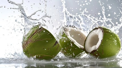 Lovely green coconuts splattering water out of green half coconut over a white setting a blasting lovely scene and space, Generative AI.