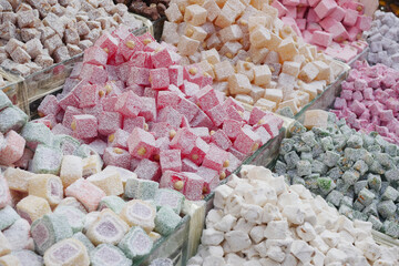 Traditional Turkish Delights displaying for sale at market 