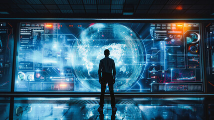 A man using a large ultra futuristic holographic touch screen, the man is standing in front of the holographic screen and is in a futuristic office