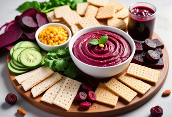Close-up of a board featuring delicious beet hummus and snacks on a light background