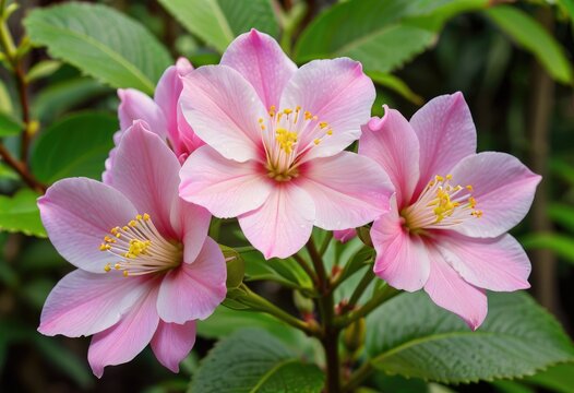 Close-up of beautiful Linnaea amabilis rose flowers blooming in a sunny garden, with pink Kolkwitzia amabilis blossoms