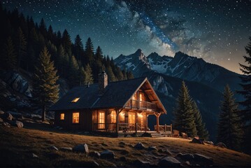 Cozy cabin nestled in the mountains, its windows glowing warmly under a breathtaking starry sky