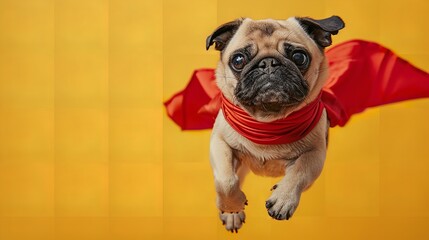 Over a vivid yellow setting, a cute pug superhero wearing a red cloak and mask is swooping and ascending playful pug and space, Generative AI.