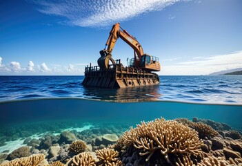 Disposing of metal into the ocean to create artificial coral reefs, fostering marine biodiversity and ecosystem restoration - obrazy, fototapety, plakaty