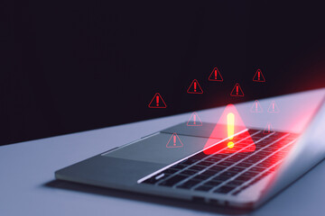 Scam alert, software warning fraud, cyber security. Hacker detection cyber attack on computer...