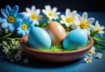 Obraz na płótnie Canvas Easter eggs adorned with vibrant flowers stand out against a serene blue background, heralding the arrival of spring