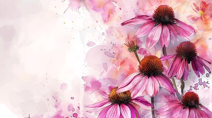 Over a white backdrop painted in watercolor with purple coneflowers as embellishment splattered purple color and space, Generative AI. - obrazy, fototapety, plakaty