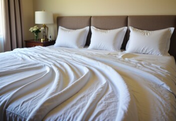 Fototapeta na wymiar Fresh, crisp linen meticulously spread across a spacious bed, promising a night of pure comfort