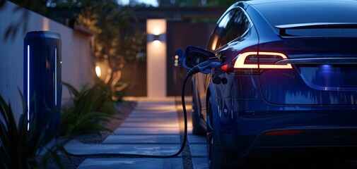 Electric Vehicle Charging at Home at Dusk.