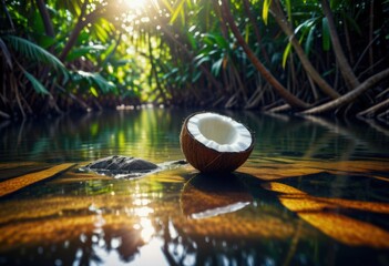 In the mangrove forest, dried coconuts fall into the water canal, casting shadows of the coconut trees